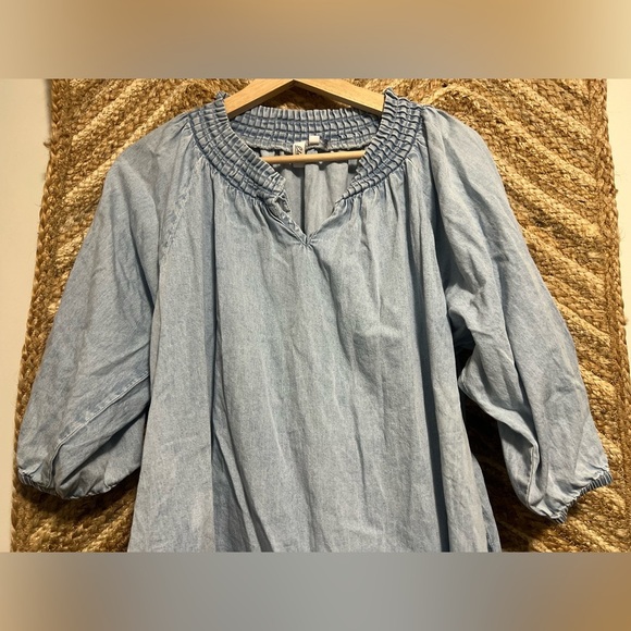 Elan Women's Faux Denim Smock Mini Dress,3/4 Puffy Sleeves, Size Small - Picture 2 of 11